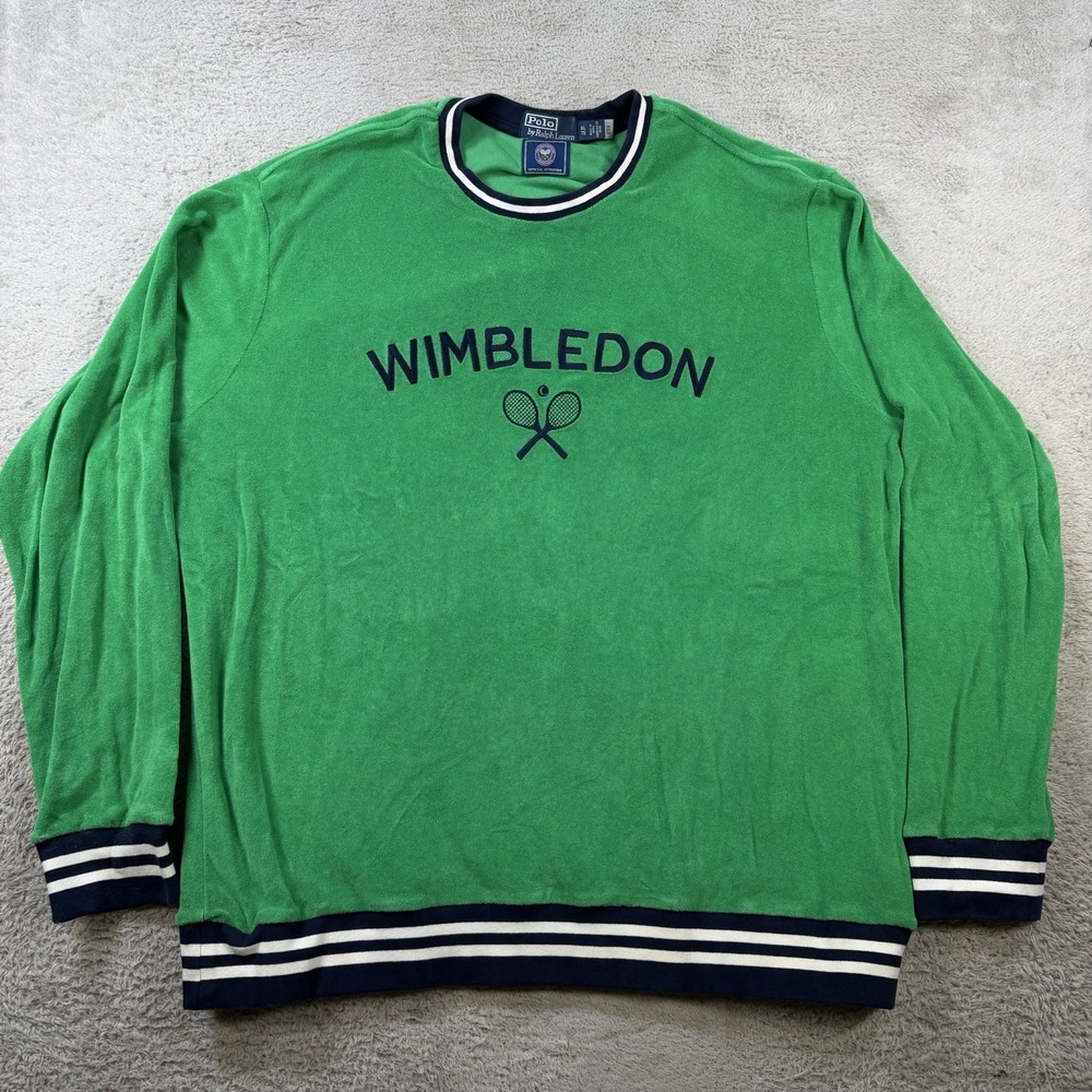Polo Ralph Lauren Sweatshirt Mens XL Green Wimbledon Tennis Terry Cloth Pullover
